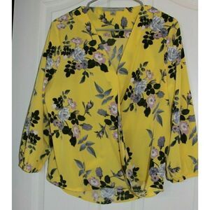 Andrew Marc New York A Blouse Wrap Floral Yellow Purple 3/4 Sleeve Womens M